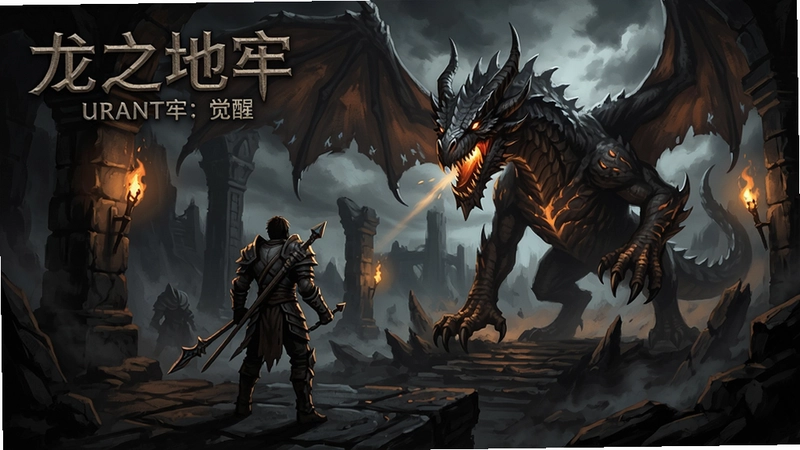 暗黑奇幻风角色扮演游戏《龙之地牢:觉醒》场景概念图,主角面对远古巨龙,光影震撼