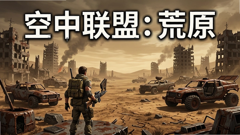 空中联盟:荒原电脑版游戏全景,广阔废土场景,角色持武器探索,末日风格建筑与载具,“空中联盟:荒原”标题醒目