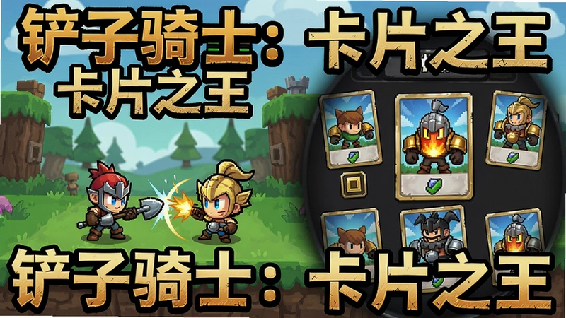 一张展示铲子骑士:卡片之王电脑版游戏主界面、角色战斗场景及卡牌收集界面的合成图,包含