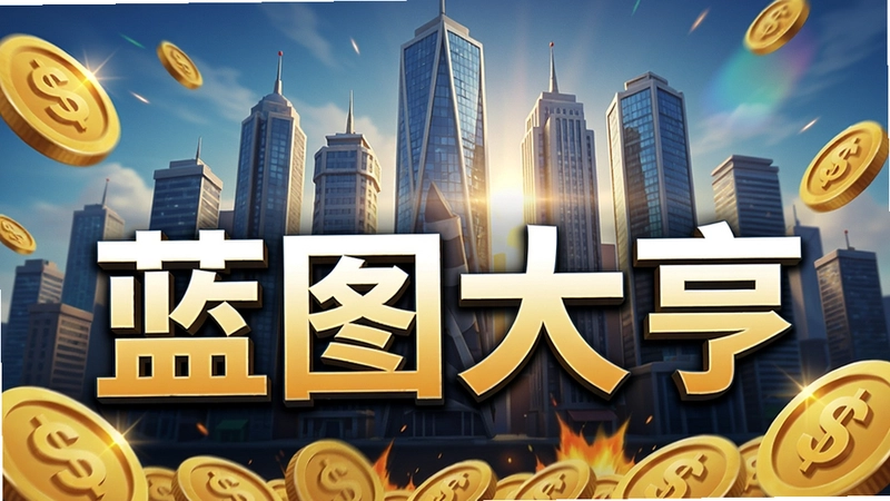 蓝图大亨游戏高清宣传图,包含商业高楼林立与金色钱币元素的震撼主视觉,“蓝图大亨”字样醒目