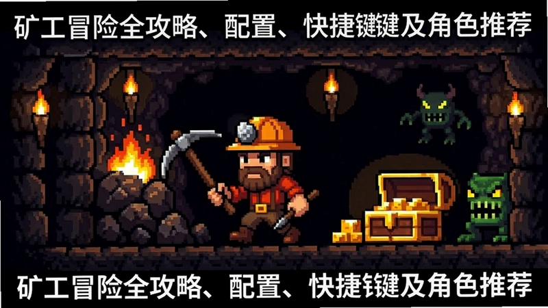 矿工冒险游戏主视觉,像素地下矿洞场景,矿工角色挥镐挖矿,火光映照宝藏与怪物