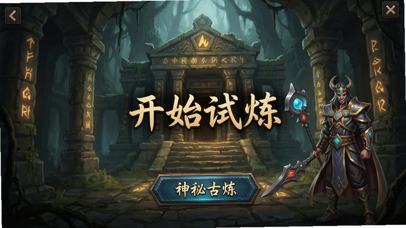 神秘古域游戏主界面展示古老神殿与角色立绘,包含“开始试炼”文字