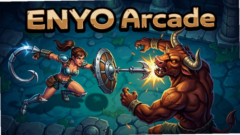 ENYO Arcade 游戏主视觉海报,展现女战士使用钩爪与盾牌对抗牛头人的俯视角战斗场景,画面包含“ENYO Arcade”艺术字样