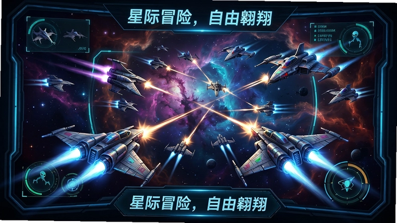 天空流浪者游戏场景,太空战机缠斗外星舰队,绚丽星云背景,科幻界面HUD,“星际冒险,自由翱翔”