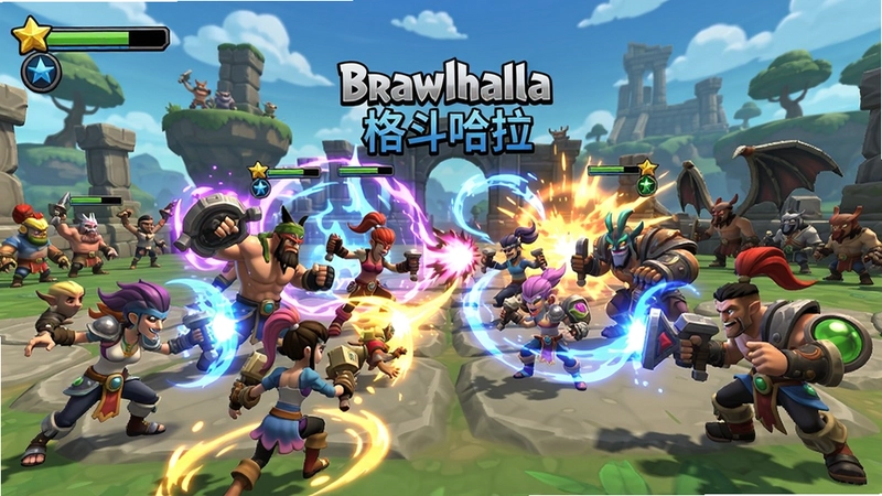 “Brawlhalla格斗哈拉”多英雄大乱斗场面,华丽技能特效与卡通风格场景,展现游戏核心对战乐趣
