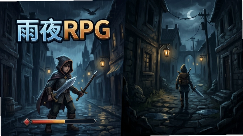 雨夜RPG游戏主界面与角色探险场景,呈现“雨夜RPG”完整游戏氛围