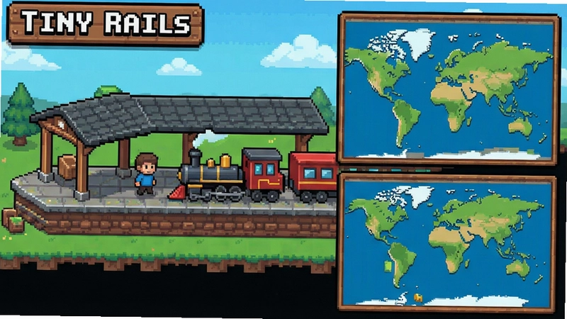 “Tiny Rails像素火车模拟经营游戏主界面,包含站台、火车和世界地图等元素”