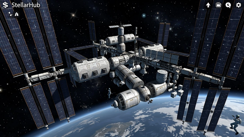 空间站模拟StellarHub游戏截图,展示空间站全景,舱段对接和太阳能板,宇宙星空背景