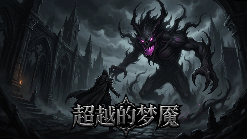 “超越的梦魇”游戏主视觉图,暗黑哥特风格场景,主角迎战巨大梦魇怪物,包含游戏标志性LOGO