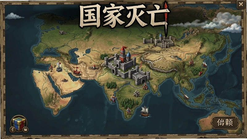国家灭亡游戏主界面,包含“国家灭亡”文字标题和策略地图的详细插画