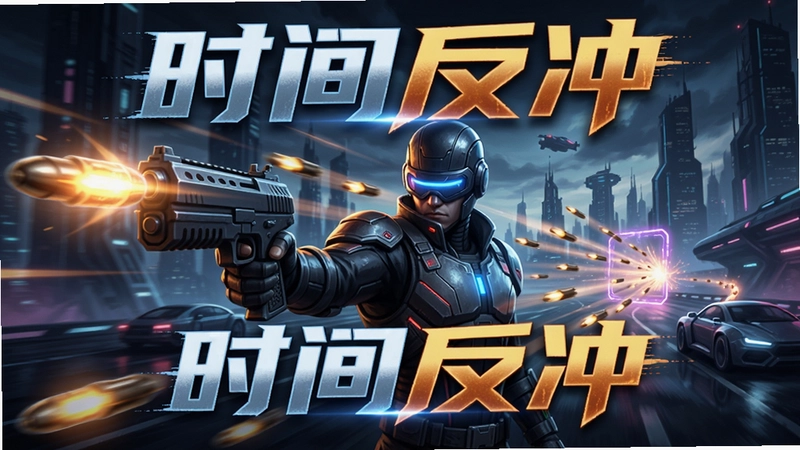 时间反冲游戏主视觉图,包含持枪主角、子弹时间慢动作特效和“时间反冲”标题LOGO,科幻背景