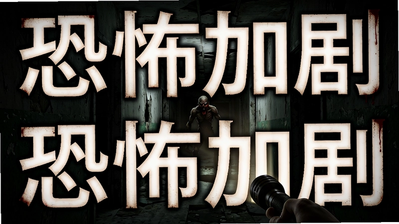 恐怖加剧电脑版第一人称恐怖冒险游戏画面,阴暗废弃建筑走廊,手电筒灯光,怪物隐现,包含“恐怖加剧”标题文字