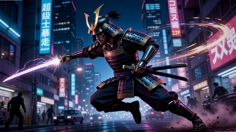 “超级武士暴走”霓虹都市战斗场景,武士高速暴走 连招特效 赛博朋克光影 角色动作展示 热血闯关
