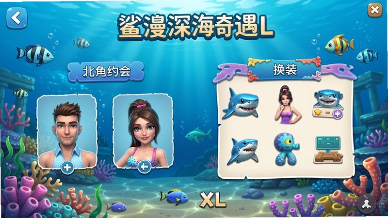 鲨鱼约会模拟XL游戏主界面,包含水下约会、角色选择、换装系统等核心玩法概览,“浪漫深海奇遇”