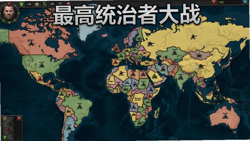 最高统治者大战全球战略地图界面,包含“最高统治者大战”标题文字,展示多国边界与军事单位部署