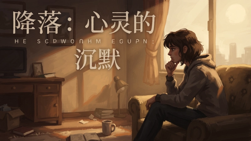 游戏“降落:心灵的沉默”主视觉图,静谧房间,温暖光影,角色沉思
