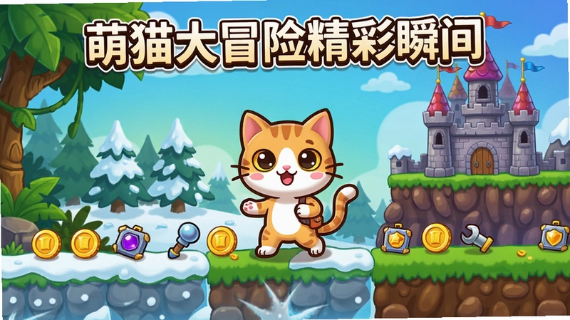 萌猫大冒险电脑版游戏画面,萌猫主角在多彩关卡中冒险,收集金币与道具,可爱卡通风格,横版卷轴场景,包含丛林、雪地和城堡主题,文字“萌猫大冒险精彩瞬间”