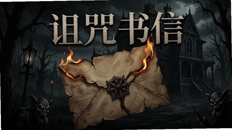“诅咒书信”游戏宣传图,黑暗哥特风格,一封燃烧的古老书信,背景是阴森古宅,突出恐怖解谜主题