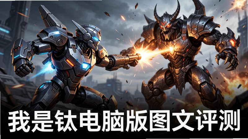 我是钛电脑版游戏宣传主图,展示主角机甲与BOSS激战场景,画面震撼,配文“我是钛电脑版图文评测”