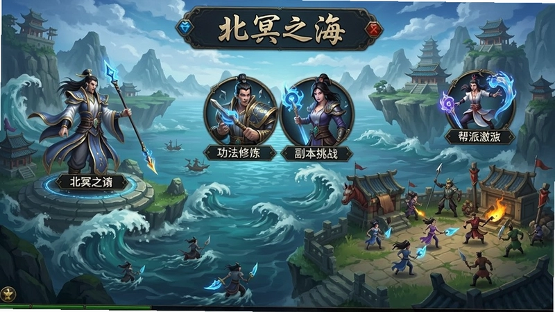 “北冥之海”玄幻游戏全景,包含角色创建、功法修炼、副本挑战与帮派激战等核心玩法