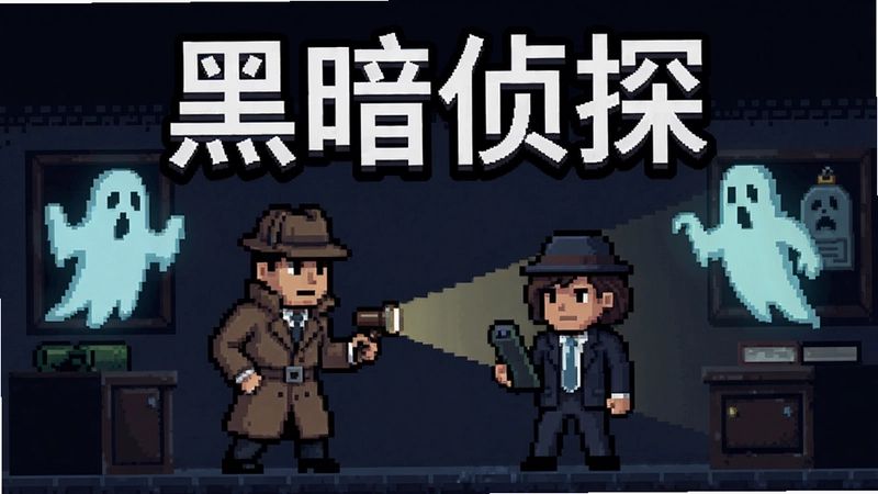 黑暗侦探游戏主视觉图,包含侦探与搭档调查幽灵等超自然案件,像素美术风格,文字“黑暗侦探”