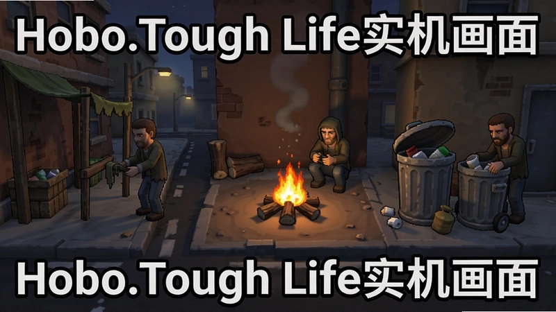 展现“Hobo:Tough Life”流浪汉生存玩法,包含街头乞讨、篝火取暖、翻找垃圾桶等游戏画面,标注“Hobo:Tough Life实机画面”