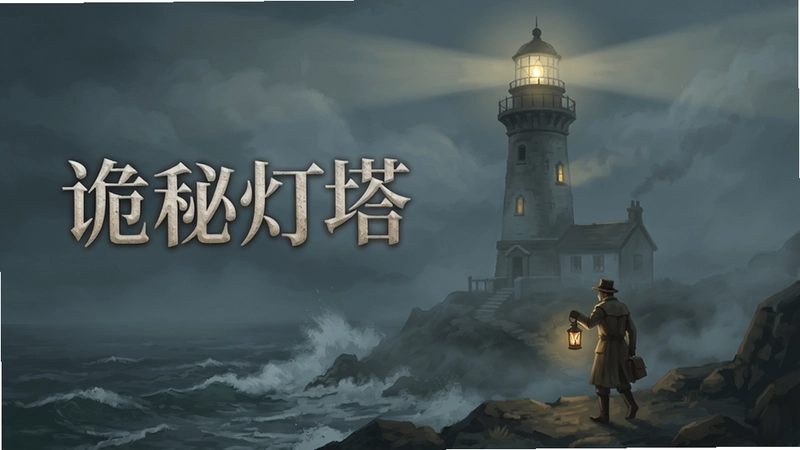 诡秘灯塔游戏主视觉图,神秘灯塔矗立海边,浓雾弥漫,一名守塔人提灯前行,“诡秘灯塔”标题字样