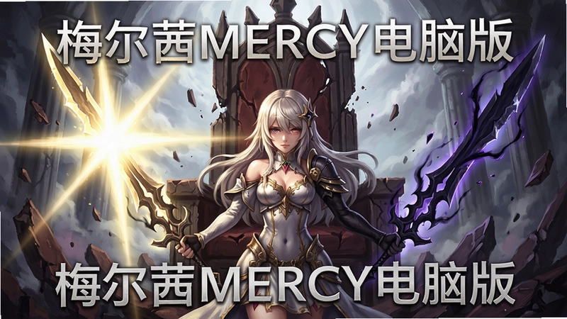 梅尔茜MERCY游戏主视觉,角色手持圣光与暗影双刃,身后是破碎王座,文字标注“梅尔茜MERCY电脑版”