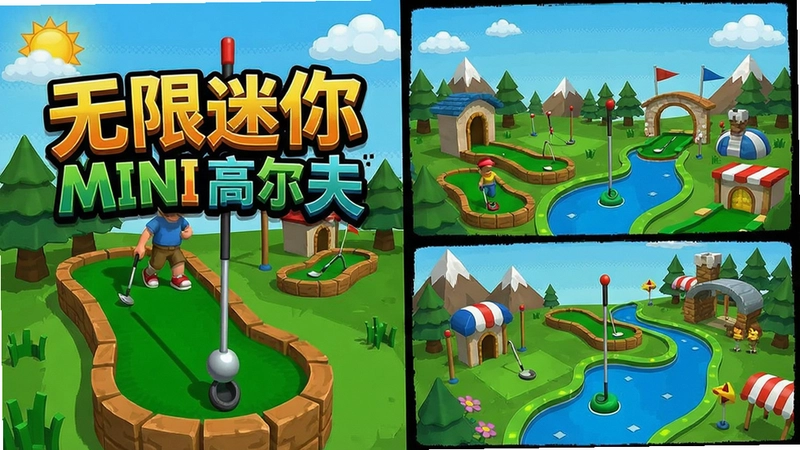 无限迷你高尔夫(Infinite Mini Golf)电脑版主界面与特色关卡展示图,含“无限迷你高尔夫”游戏标题与丰富场景元素
