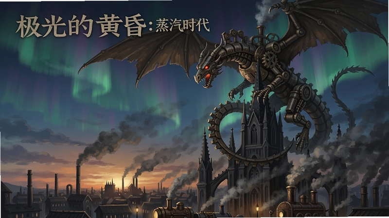 极光的黄昏:蒸汽时代主视觉图,蒸汽机械巨龙盘旋在哥特式尖塔上空,下方是冒着浓烟的工业都市,文字标注“极光的黄昏:蒸汽时代”