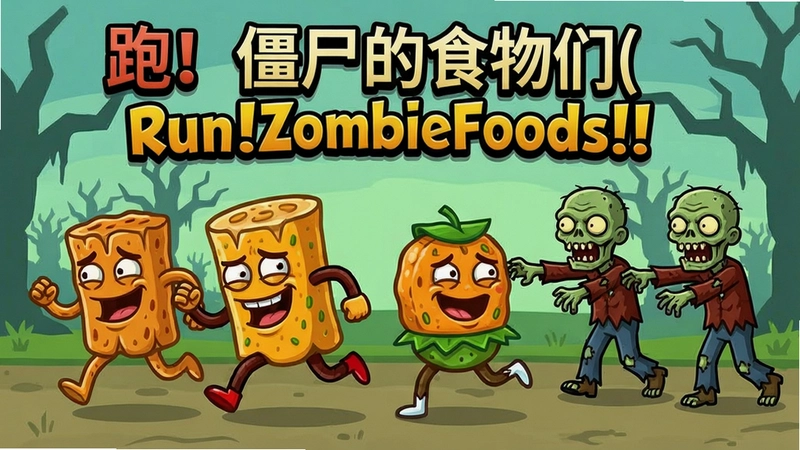 食物角色在奔跑,僵尸追赶,游戏画面,“跑!僵尸的食物们(Run!ZombieFoods!)”标题