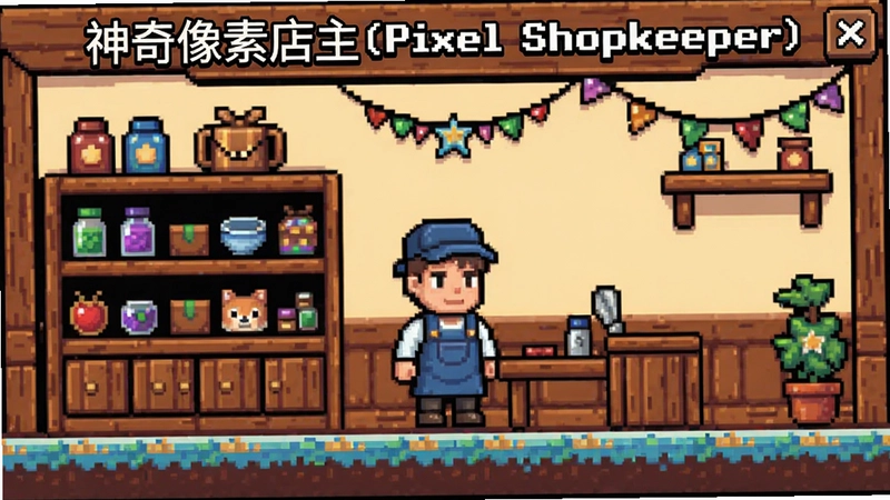 像素游戏“神奇像素店主(Pixel Shopkeeper)”店铺界面,展示像素人物、货架和装饰