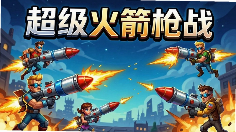 超级火箭枪战(Super Rocket Shootout)游戏宣传海报,展现多位角色火箭对战,标题“超级火箭枪战”