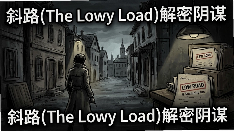 手绘风格悬疑游戏《斜路(The Low Road)》电脑版场景截图,包含主角、复古建筑与机密文件,配文字“斜路(The Low Road)解密阴谋”