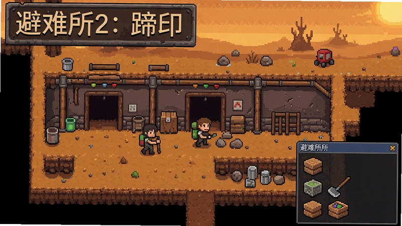 避难所2:蹄印废土避难所管理场景,包含“避难所2:蹄印”文字标识,像素风格,人物探索,资源收集界面