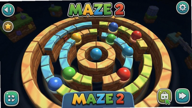 aMAZE 2游戏主界面,旋转迷宫,彩色小球,UI提示