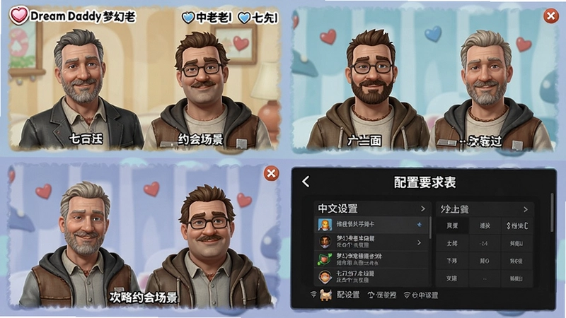 “Dream Daddy梦幻老爹游戏主界面、七位可攻略老爸角色立绘、约会场景、中文设置界面及配置要求表”