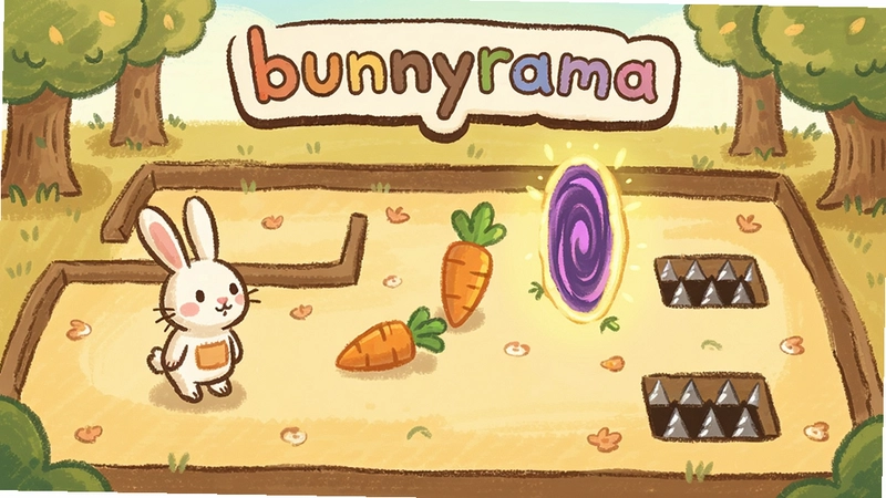 手绘风bunnyrama游戏主界面,兔子站在迷宫起点,前方有胡萝卜、传送门和陷阱,场景色彩温馨,标明“bunnyrama”游戏标题