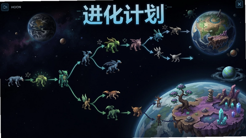进化计划游戏主界面,展示生物进化分支图谱与星球环境,