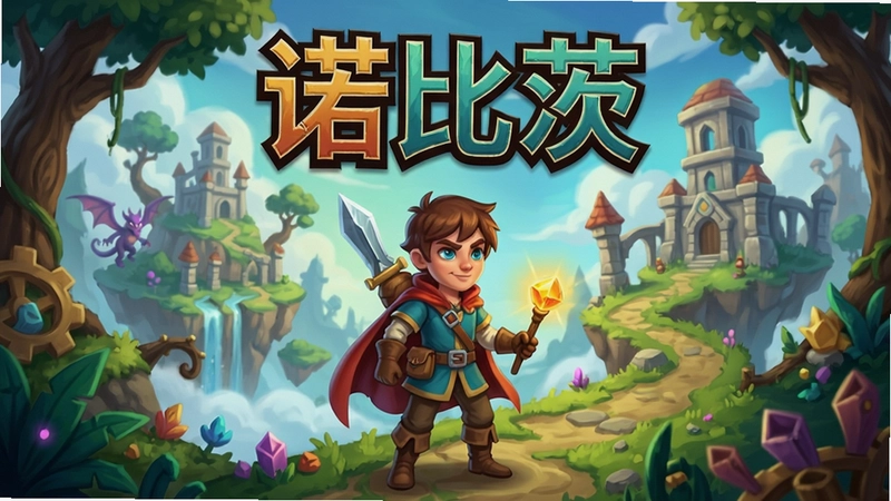 诺比茨游戏主视觉图,展示奇幻世界场景与主角冒险,“诺比茨”标题清晰可见