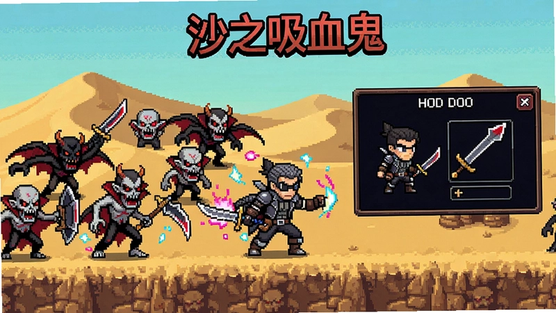 “沙之吸血鬼”游戏主画面,像素风格,猎魔人造型,多种武器特效,吸血鬼怪物狂潮,沙丘环境,隐藏角色与武器合成界面展示