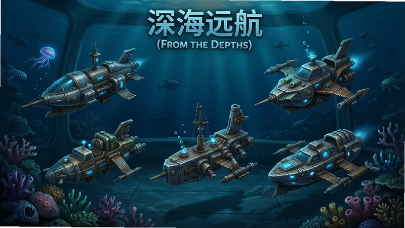 深海远航(From the Depths)游戏主菜单展示各类载具设计,体现“深海远航(From the Depths)”高自由度建造与战斗精髓