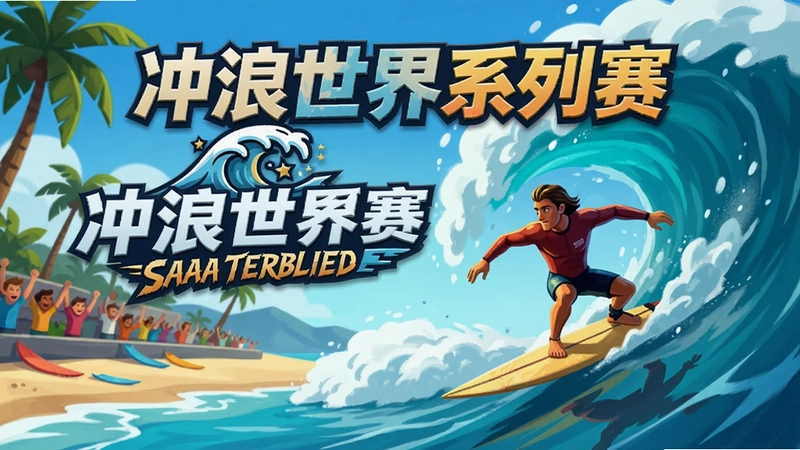 产生一幅冲浪世界系列赛游戏海报,展示冲浪者驾驭巨浪的瞬间,包含“冲浪世界系列赛”标题文字和赛事LOGO,背景为热带海滩和观众,色彩鲜艳,动感十足。