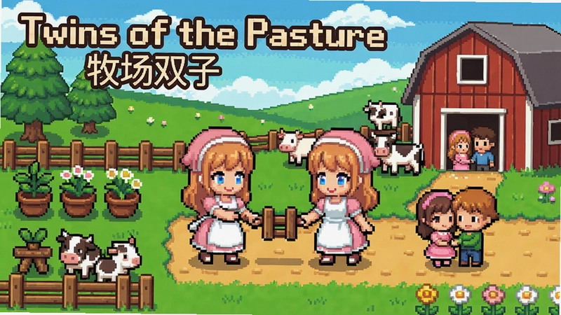 经典牧场养成游戏Twins of the Pasture,双胞胎姐妹经营牧场,种植、养殖、恋爱,温馨的日式像素画风。图上文字:“Twins of the Pasture 牧场双子”