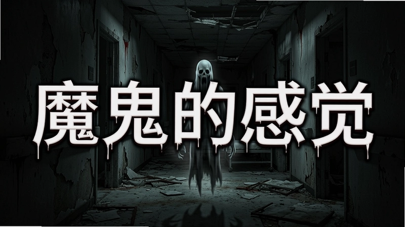 黑暗废弃医院走廊,一个苍白鬼影浮现,标有“魔鬼的感觉”游戏标题,强烈恐怖氛围