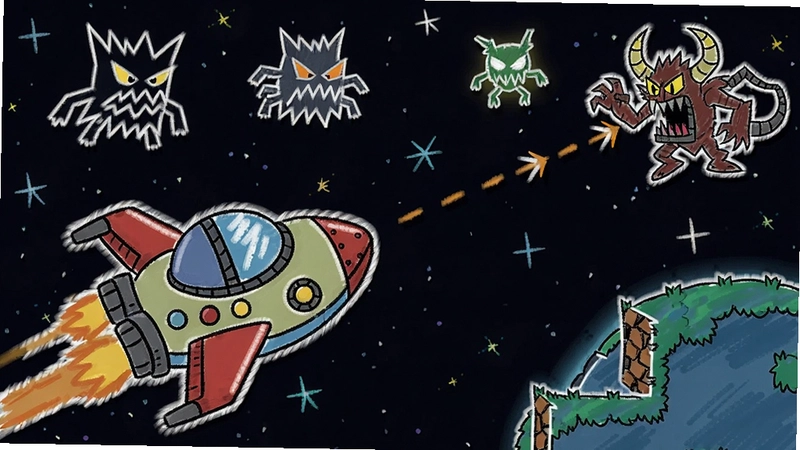 涂鸦飞船 手绘涂鸦画风 弹幕射击游戏 星空背景 卡通飞船 敌人和BOSS 关卡场景