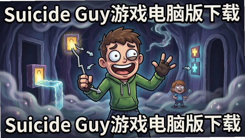 游戏宣传图,展示Suicide Guy游戏主角在梦境中解谜的搞笑场景,图中文字“Suicide Guy游戏电脑版下载”