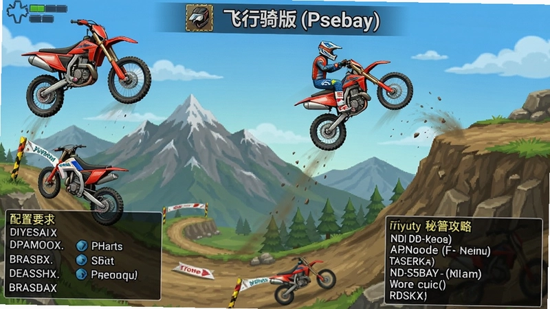 飞行骑车(Psebay)电脑版游戏截图,包含摩托车越野、山脉赛道、特技跳跃、配置要求、快捷键操作与秘籍攻略等完整介绍