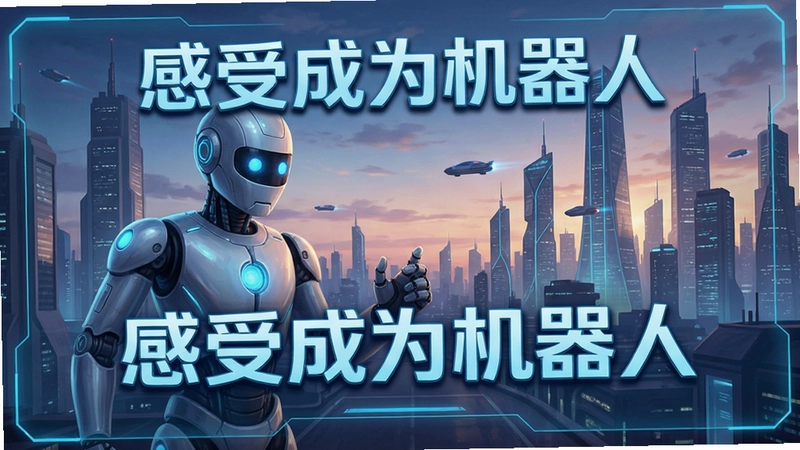 感受成为机器人游戏主界面,展示机器人角色与未来城市背景,文字“感受成为机器人”