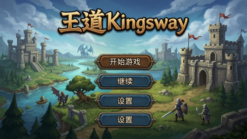 王道Kingsway游戏主菜单界面,包含“开始游戏”“继续”“设置”按钮,背景为奇幻大陆插画,标题“王道Kingsway”